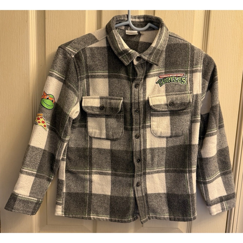 TEENAGE MUTANT NINJA TURTLES NICKELODEON BUTTON UP GREY PLAID SHIRT Boys M-8